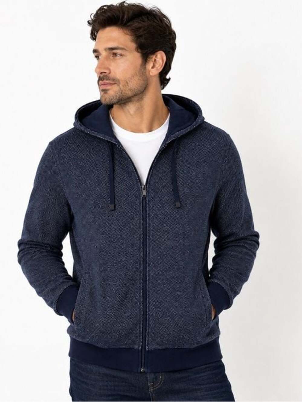 Vince Men’s Birdseye  Knit Zip-Up Hoodie in Navy + White Size Small
